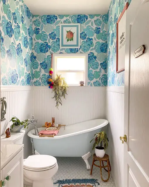 Blue Monstera Wallpapered Bathrooms to Redecorate